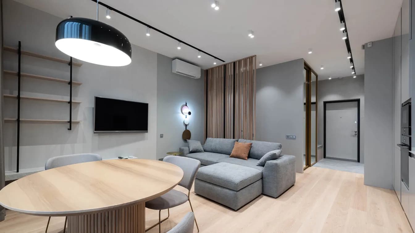 Mahi Interior Pte Ltd warm wood feature wall and living room